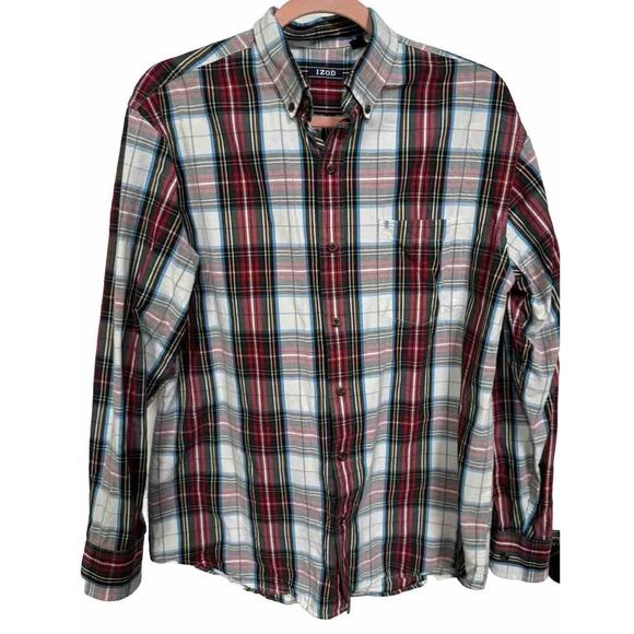 Izod Dress Shirt Mens M L Red White Striped Long Sleeve Pocket Logo Collar Work - Picture 1 of 6
